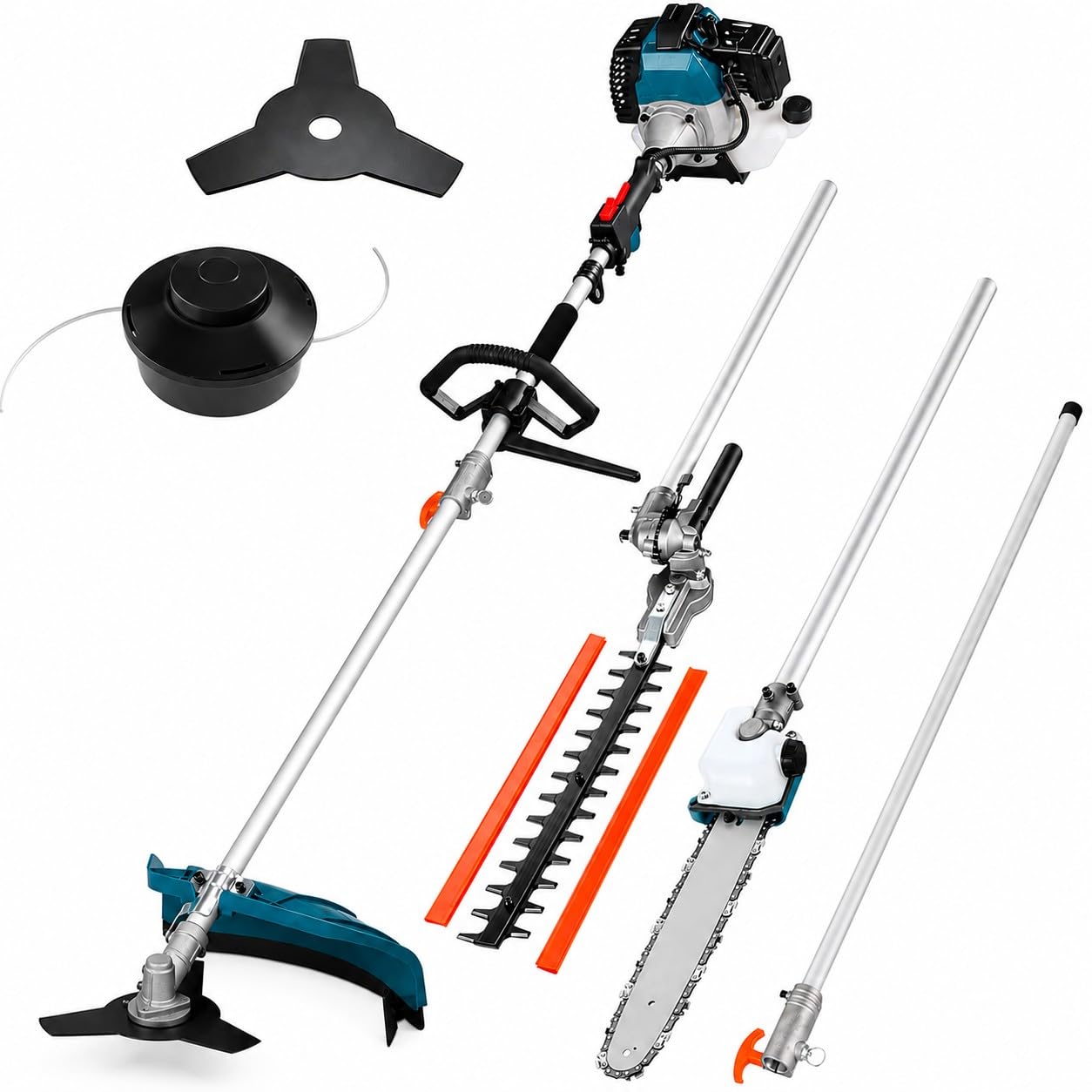 Decespugliatore a Scoppio Multifunzione 5 in 1 63cc 2200W Motore 2 Tempi con Motosega Tagliasiepi Troncarami Disco 3 Denti Prolunga Telescopico Professionale