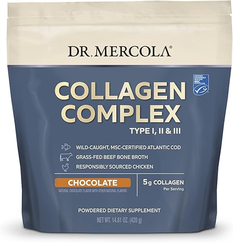 Dr. Mercola Polvo complejo de colágeno - Chocolate, 30 porciones (30 cucharadas), (14.81 onzas por bolsa), sin OMG, sin soja, sin gluten