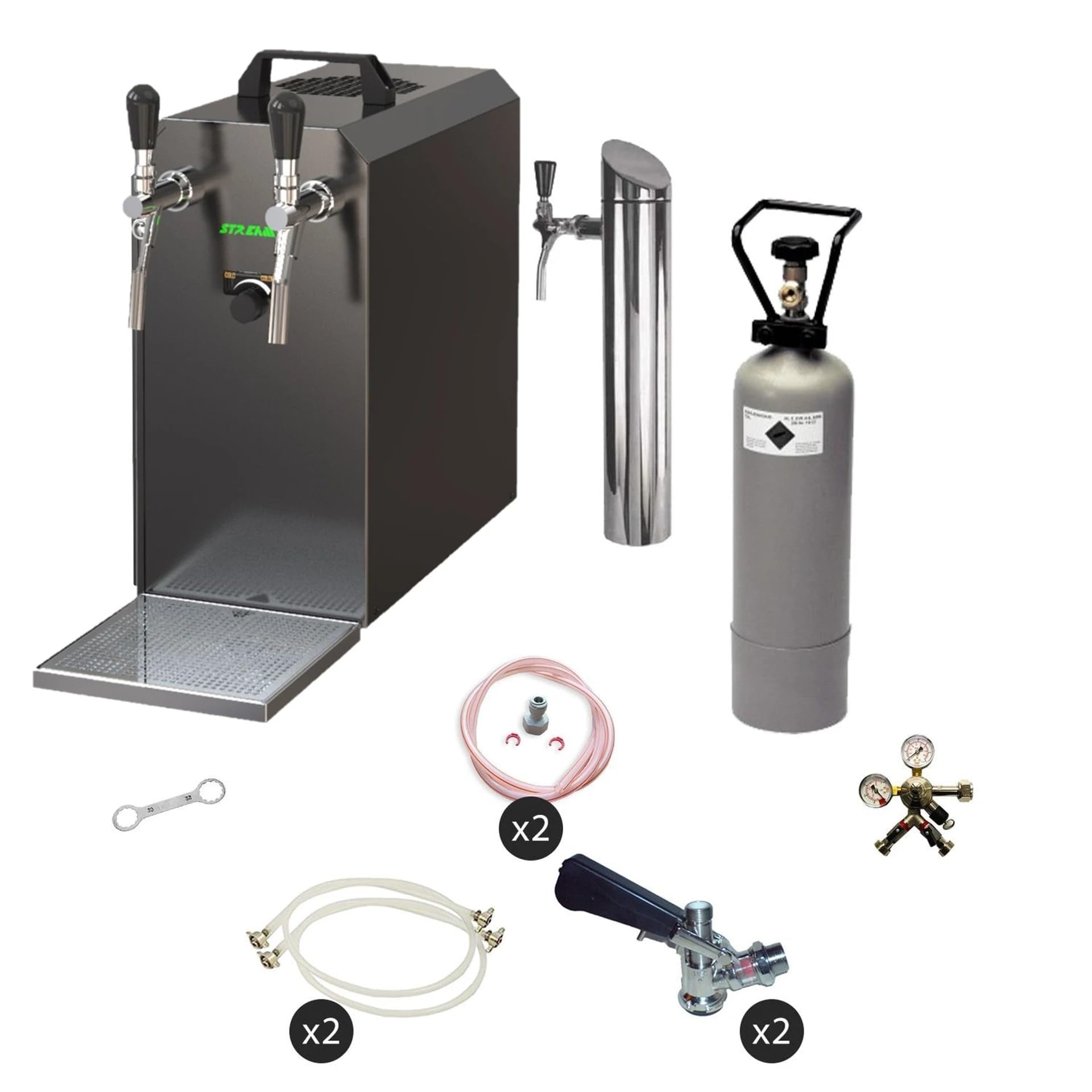 Kompletny podstołowy system do piwa Stream 50 z chłodnicą suchą 2-obwodową, do 55 l/h, dla 2 beczek Type A, adapter NC