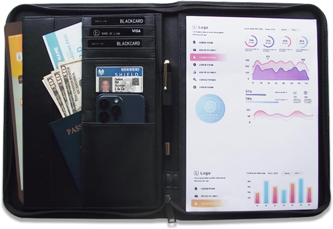 PU Leather Zipper Portfolio Binder & Business Padfolio Organizer for Men/Women - Professional Zippered Document Organizer, Fits Letter/A4 Sizes, Secure Closure