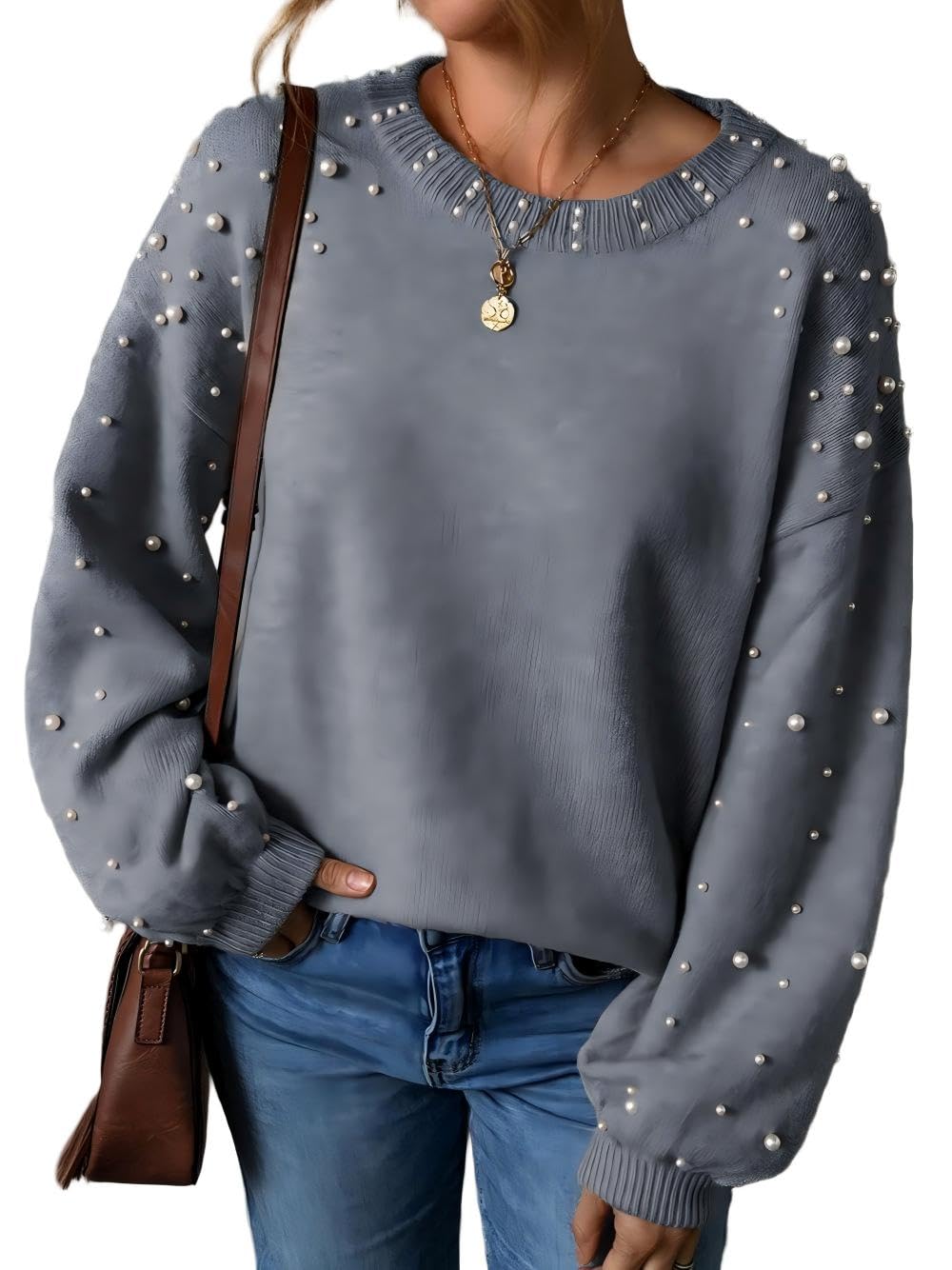Pearl Sweater for Women Lantern Sleeve Drop Shoulder Crewneck Sweatshirt Knit Chunky Pullover Sweaters with Pearls