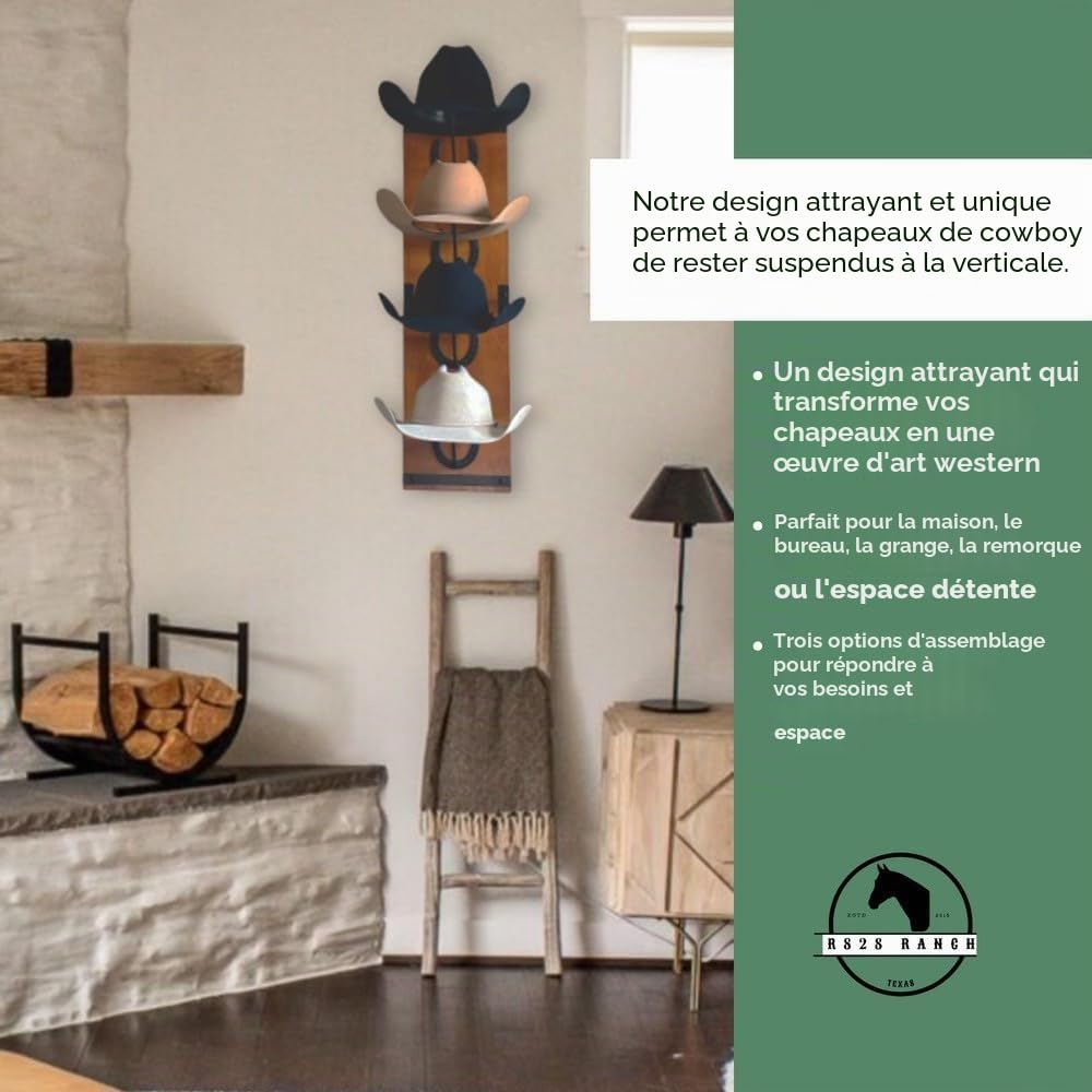 Support mural pour chapeau de cowboy - Porte-chapeaux en bois et en métal décoratif (86,4 x 25,4 x 1,3 cm)