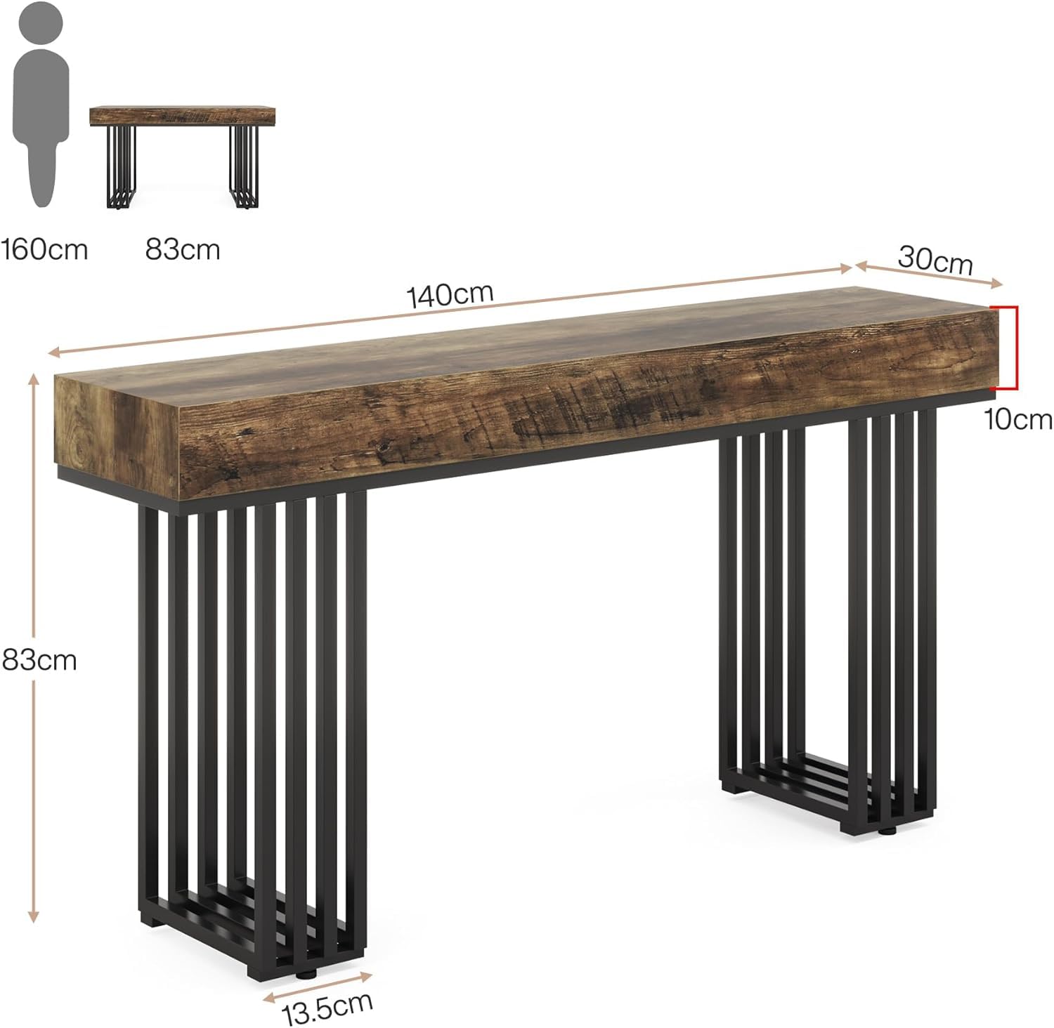 Lailang Wąska konsola 140 cm z elegancką metalową ramą, drewniana konsola w stylu vintage, do salonu, korytarza, styl industrialny
