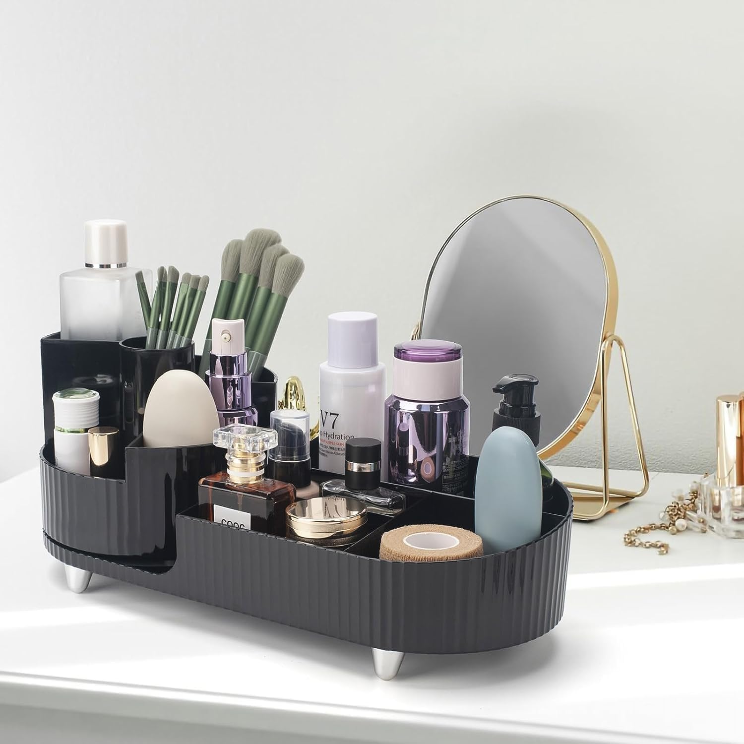 BAOLY Rotating Makeup Organizer, Large Capacity Make Up Organizers & Storage, Vanity Organizer Hold at Least 20 Makeup Brushes/Eyeliner,10 Lipsticks,10 Nail Polish,8 Skincare Products (Black)