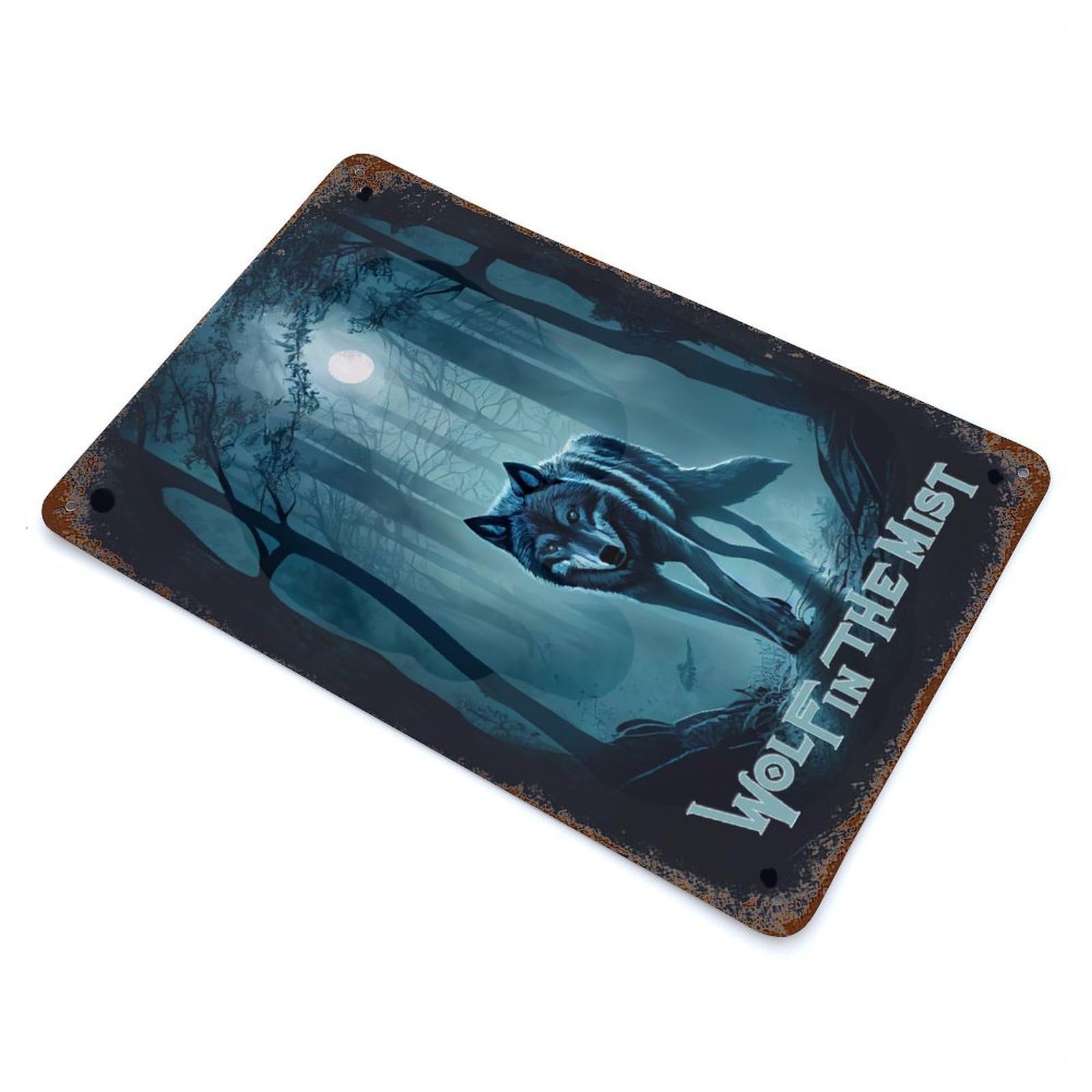 Wolf in The Mist Weathered Tin Sign 11.8"x7.9", Shabby Chic Decor for Garage, Pub Or Kitchen