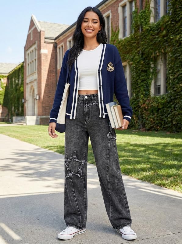 Women's Wide Leg Denim Pants Teen Star Raw Edge Baggy Trousers High Waisted Boyfriend Y2K Jeans Girls Fashion