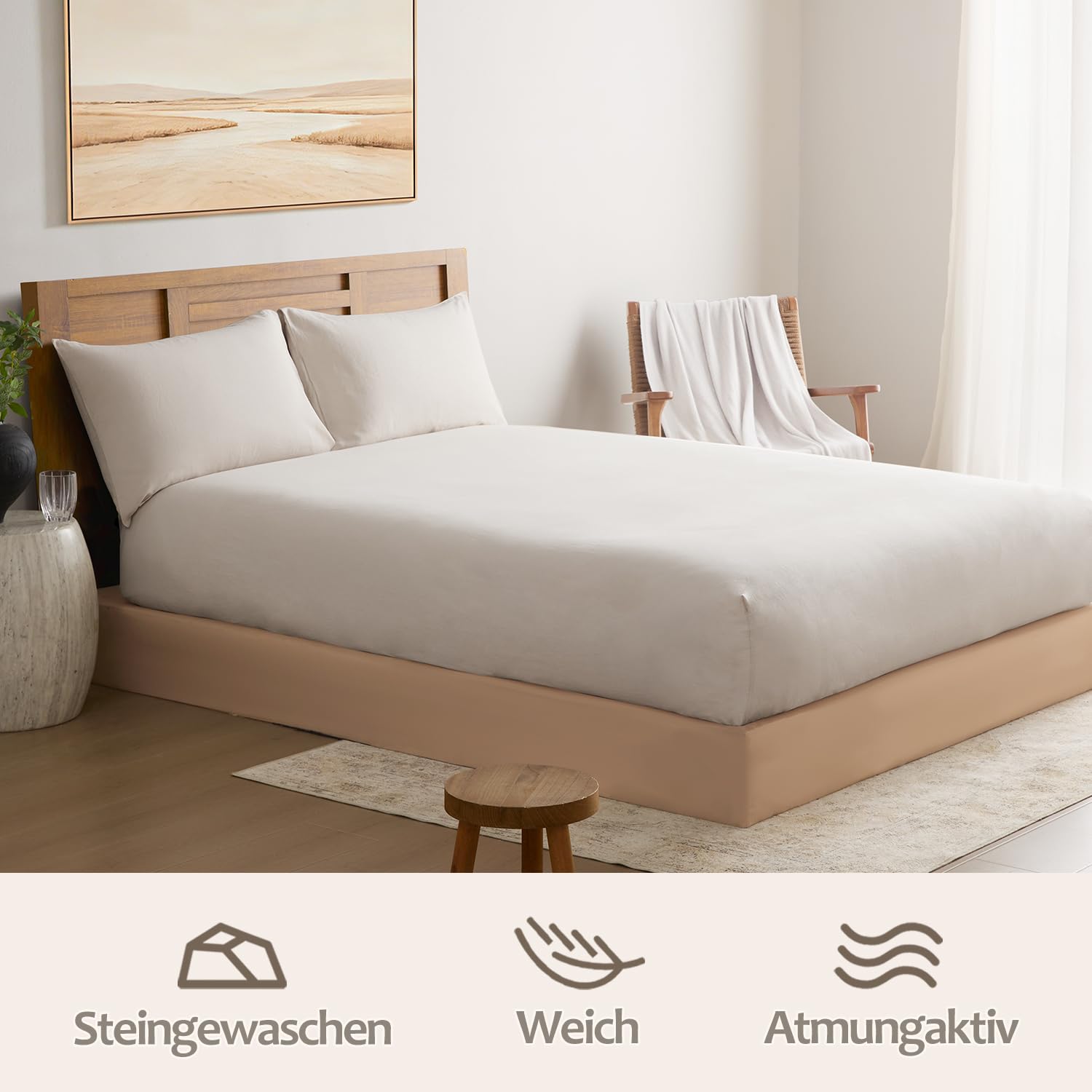 DAPU Halbleinen Spannbettlaken, Naturfaser Luftiges Kühlendes Sommerbettlaken, Gewaschenes Weiches Leinen Baumwolle Spannbetttuch für Hotsleepers, 160×200cm mit 30cm tiefen Tasche, Beige