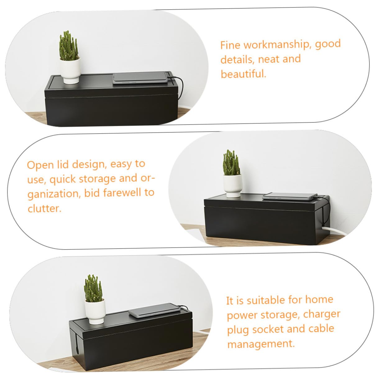 Caja Organizadora Para Cables De Madera Grande Negra, Estuche De Almacenamiento Eléctrico Para Oficina y Hogar, Práctico Organizador De Regletas y Cables Eléctricos