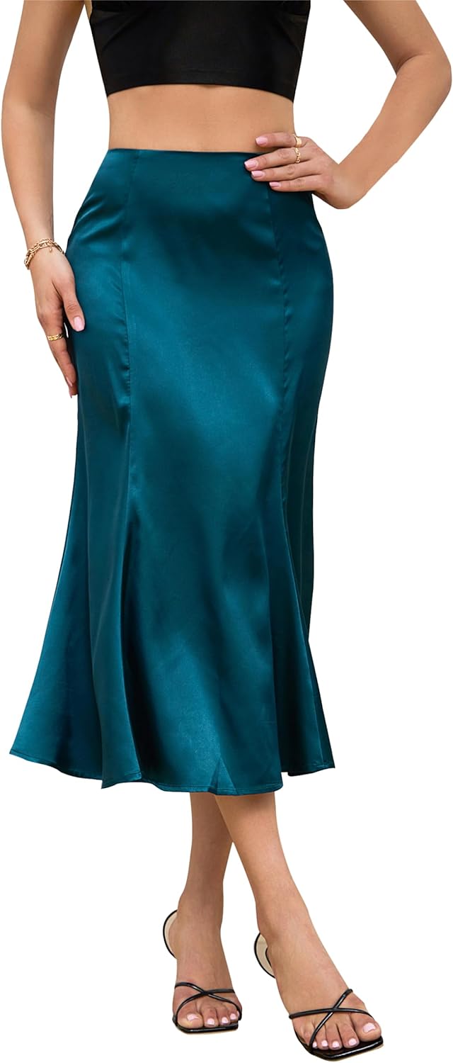 Mist Azur Womens Satin Midi Skirt High Waisted A Line Silky Flared Bodycon Skirt MA213