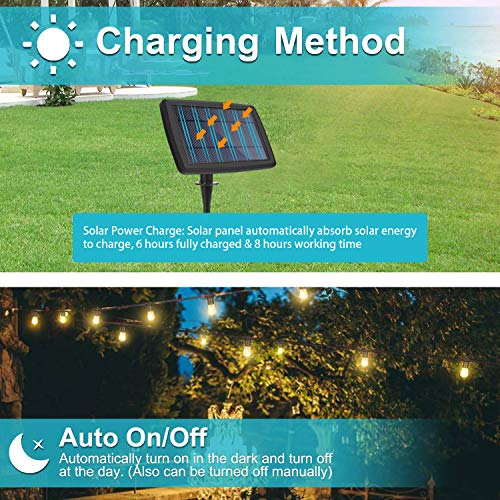 YVETTE LED Solar Outdoor String Lights Waterproof, 24FT LED Patio Lights, 8×E26 Hanging Sockets and 9×1W Vintage Edison Bulbs(A Spare), 2700K Warm White for Wedding Porch Party