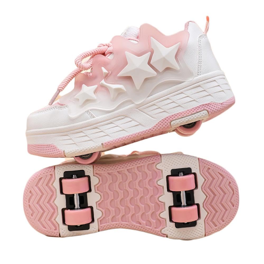 BCVPGF Roller Skates for Girls Boys, Rainers Skating with Retractable 4 Wheels-Stylish for Kids, 2 in 1 Kids Rollerskates, Roller Skates for Party, Birthday, Easter, Christmas,Pink-EU38
