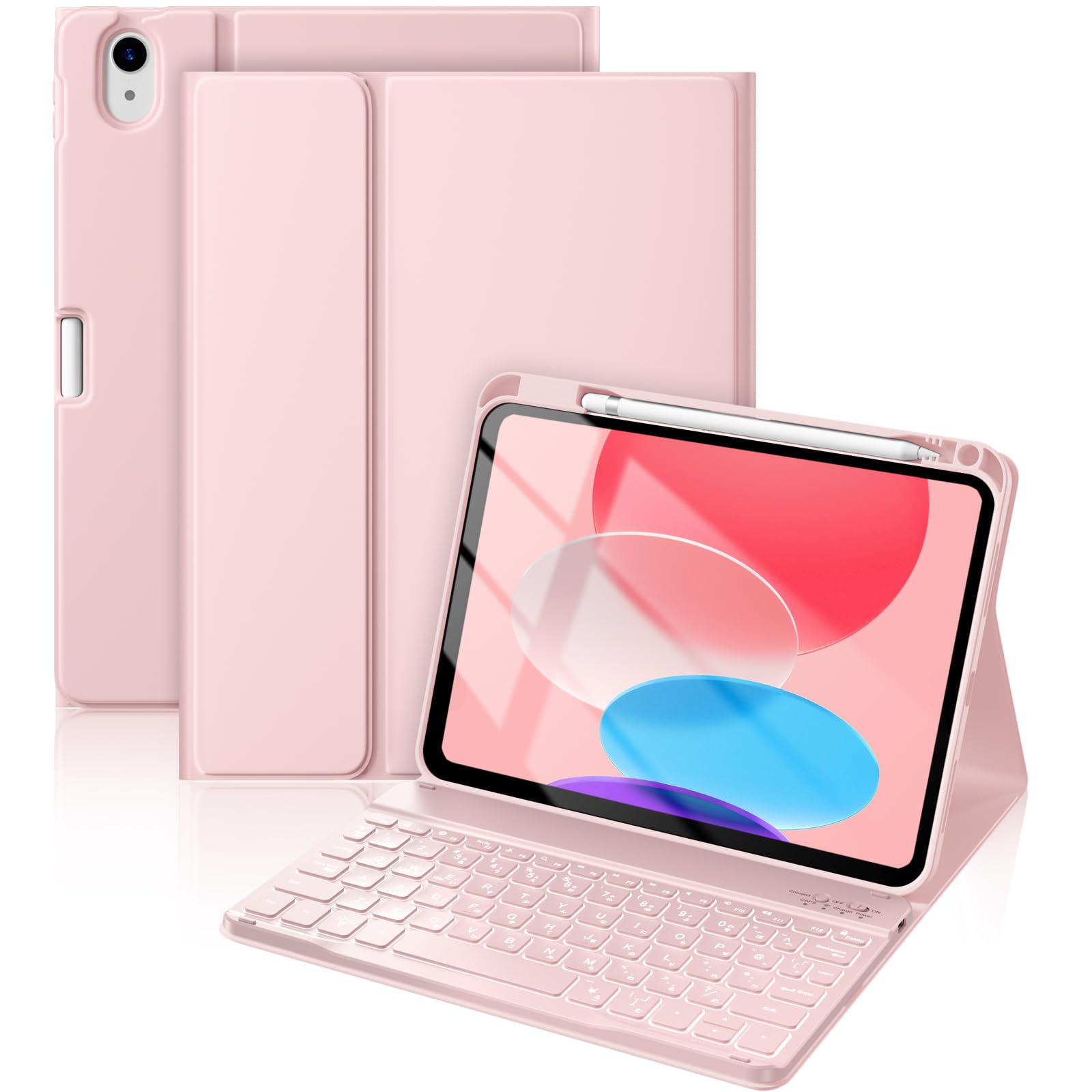 HETHOT iPad用 キーボード付きケース A16 第11世代/第10世代 JIS日本語配列 7色バックライト 超軽量 着脱式 耐汚れ性素材カバー ペンシルホルダー付き Bluetoothキーボード 多角度調整【日本語取扱説明書付き】