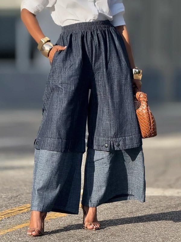 oshoplive Wide Leg Pants for Women Cotton Elastic High Waisted Patchwork Palazzo Trousers with Pockets Loose Fit Baggy Pant3