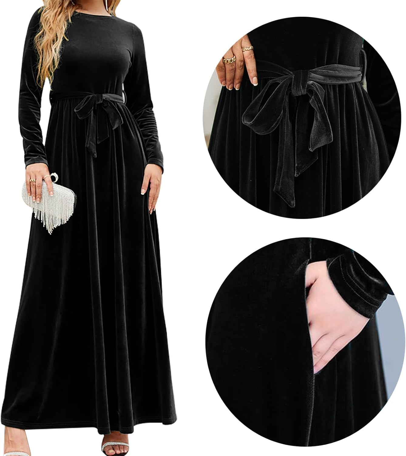 Women's Elegant Velvet Belted Pleated Long Sleeve Cocktail Party Formal Wedding Guest A-Line Maxi Long Dress - Image 2