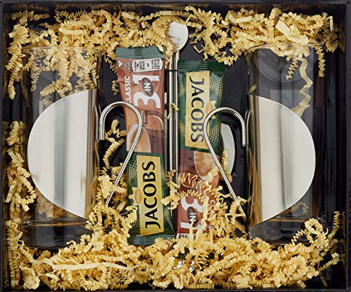 Geschenk Set Kaffee 3 in 1 mit je 2 Gläsern, Untersetzern und Trinkhalmlöffeln