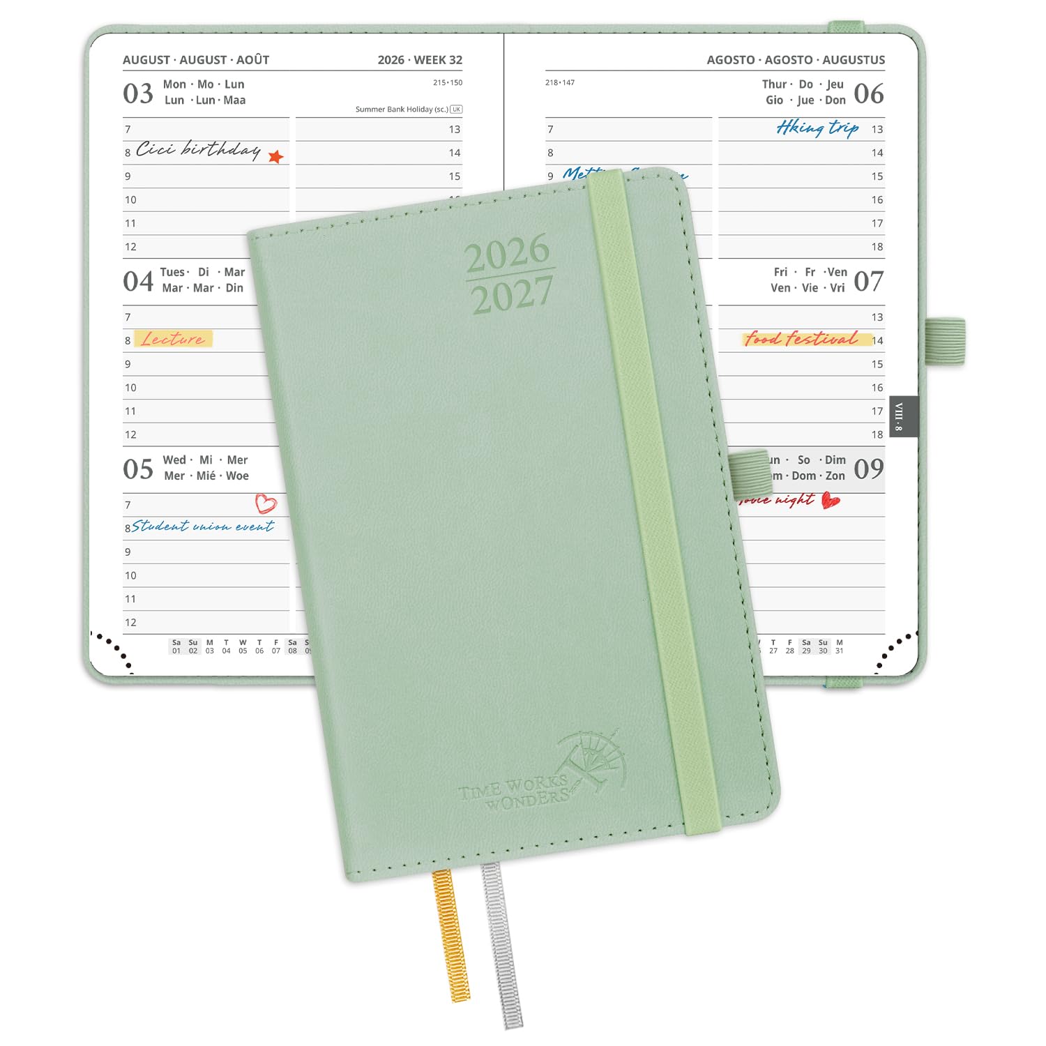 POPRUN 2026-2027 A6 Academic Pocket Diary Week to View Small PU Leather Cover (16x10.5 cm) 17 Months (Aug'26 - Dec'27), 26/27 Mid Year Weekly Planner(Celadon Green)