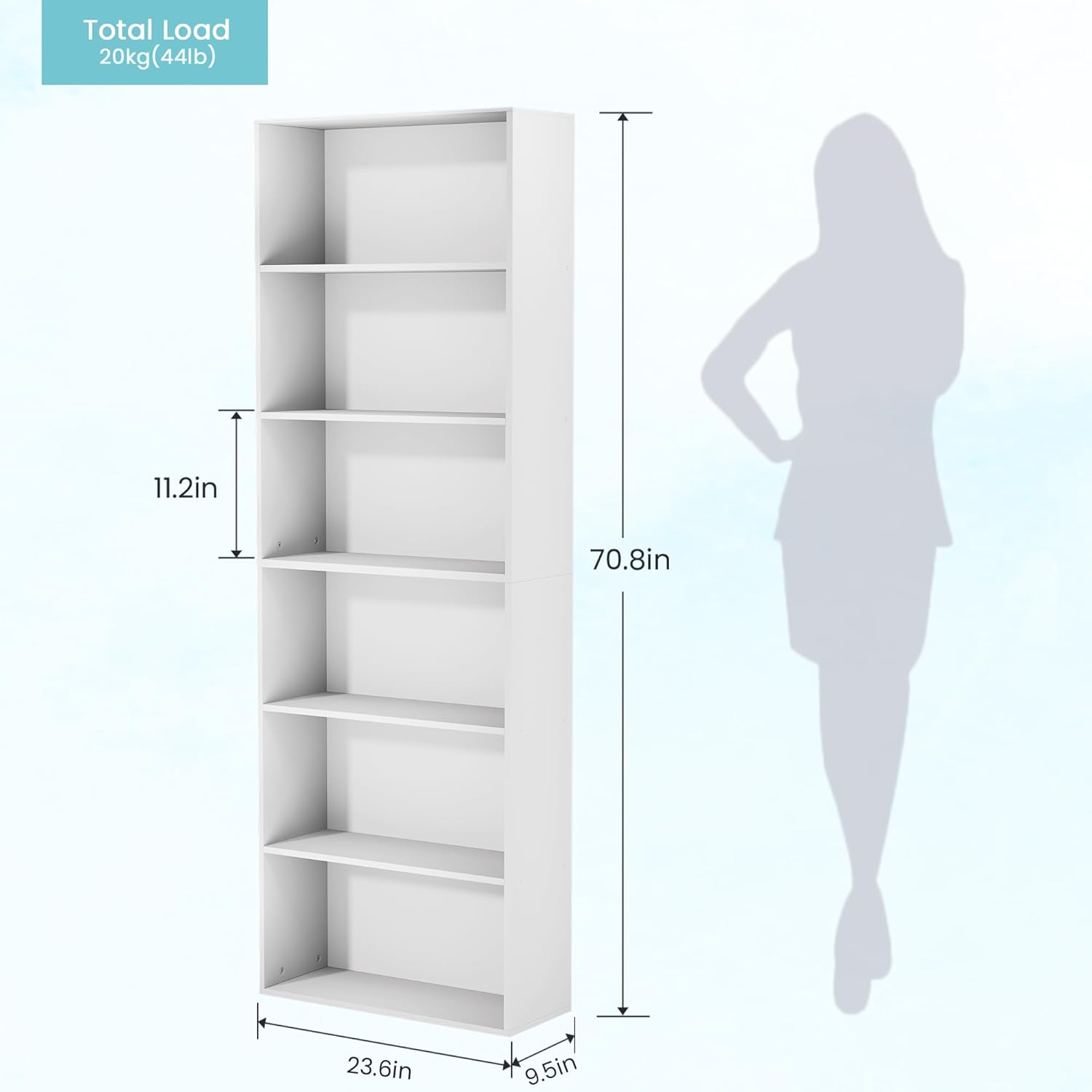 71" Tall Bookcase, 6-Tier Open Display Storage Shelves, Floor Standing Large Book Shelf for Living Room, Home Office, Bed Room, White