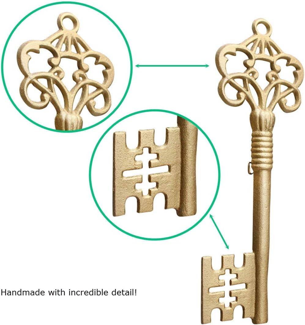 Wallcharmers Large Skeleton Key, Cast Iron Key Wall Decor, Gold Vintage Style Skeleton Keys for Walls, Gold