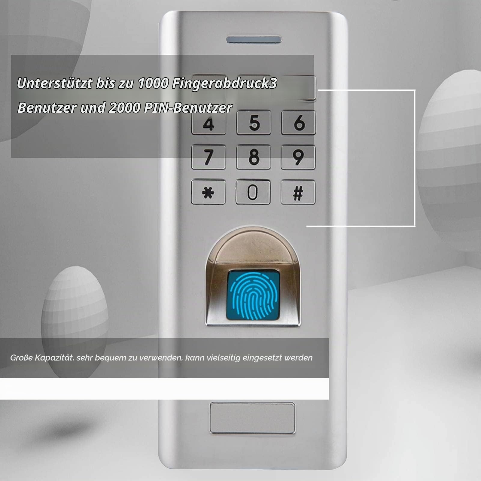 Fingerabdruck Zugangskontrolle, Metall Fingerprint Codeschloss Zutrittskontrolle mit IP66 Wasserdichte/Numerische Tastatur, intelligent Zugangssystem Türöffner für Home Sicherheit