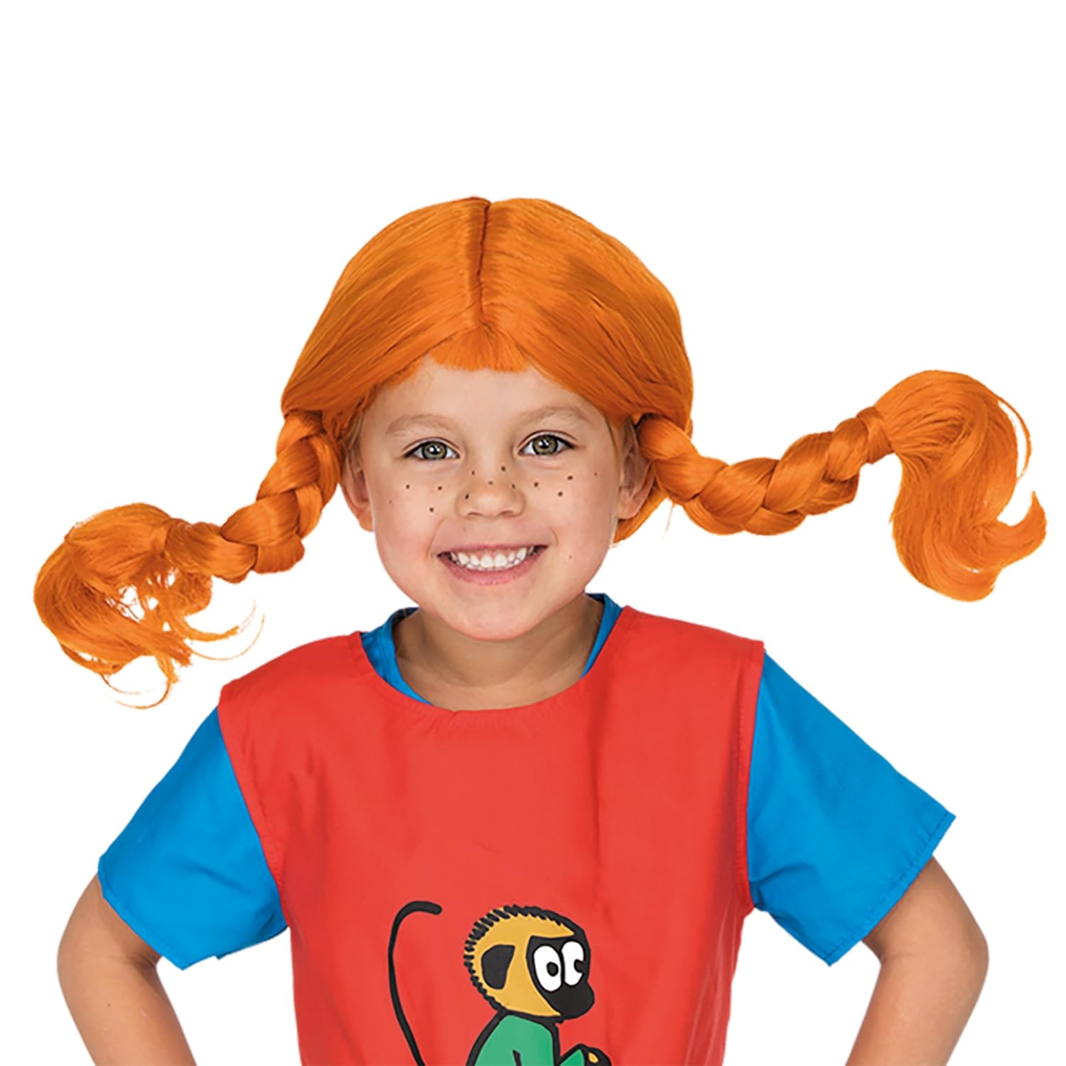 Pippi Langstrumpf Kinder Perücke - Original Lizenz - Fasching, Karneval, Halloween - Rote Haare, biegbare Zöpfe - Elastisch - 60 cm Kopfumfang - 3-6 Jahre