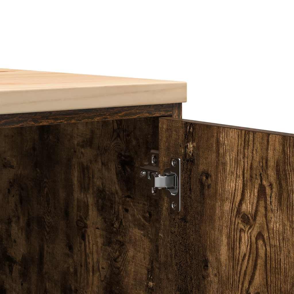 Garagenschrank Räuchereiche 60x51x85 cm Werkzeugschrank mit Massivholz Kiefer Arbeitsplatte, Stabiler Aufbewahrungsschrank mit 2 Fächern für Werkstatt, Garage und Keller