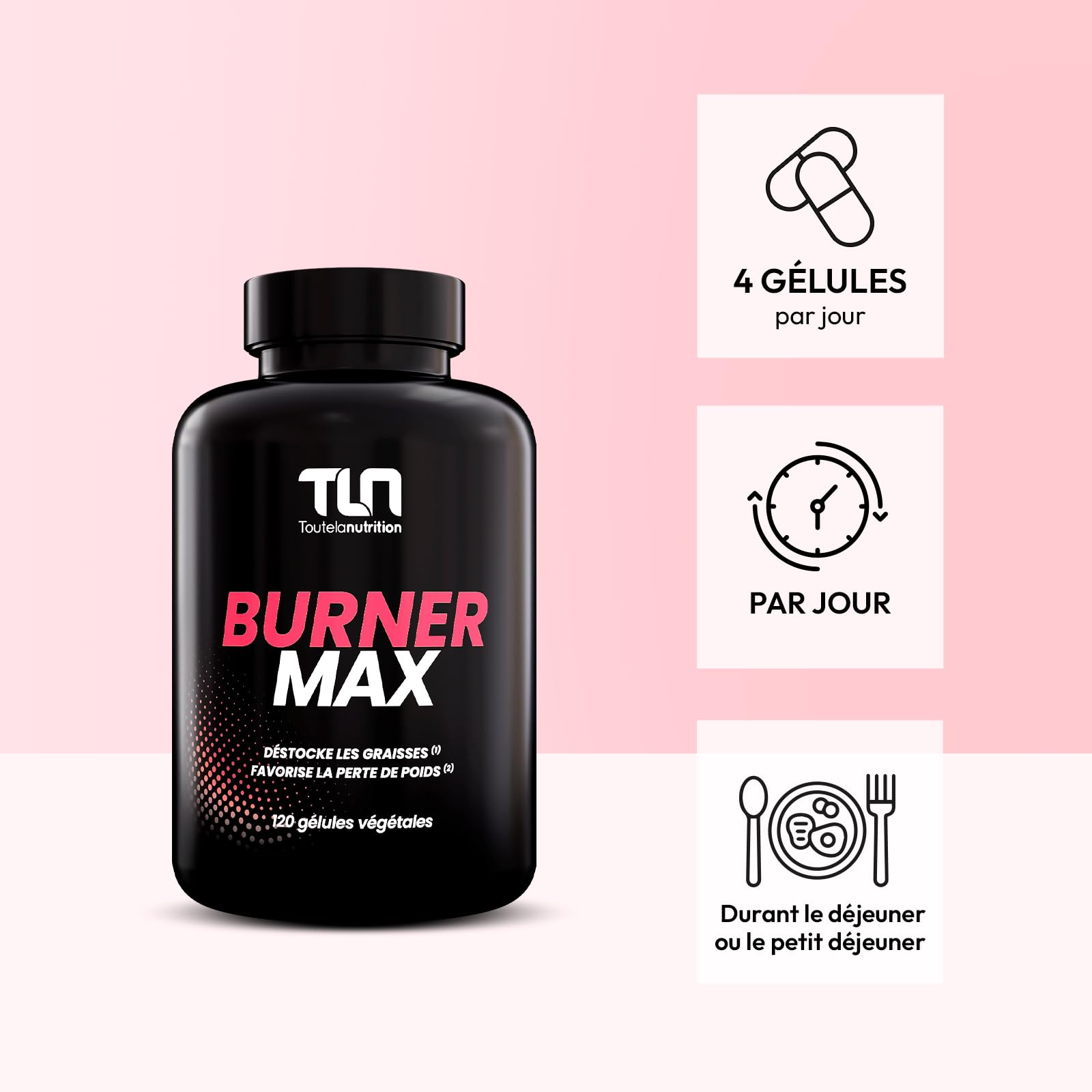 BURNER MAX | Brûleur de Graisse Hautement Dosé | Caféine Naturelle + L-Carnitine + Guarana | Burner Thermogénique, Lipotrope, Coupe-Faim | Action Minceur et Perte de Poids | 120 Gélules Vegan | TLN