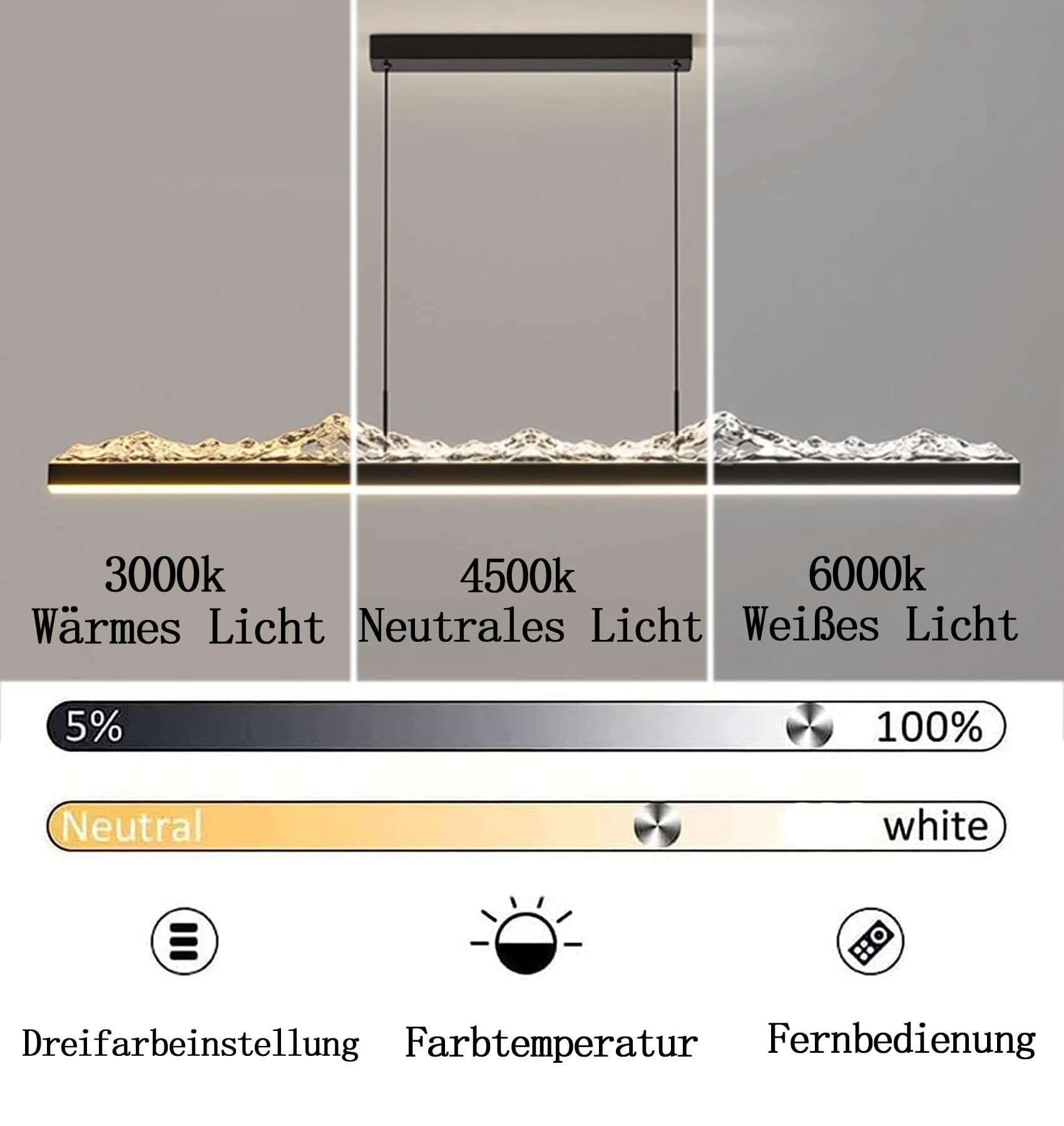 Lampada a sospensione a LED da tavolo da pranzo, 3000 K-6000 K, dimmerabile, con telecomando, design lineare moderno, 60 W, ad alta luminosità, da appendere, regolabile in altezza (120 cm/60 W)