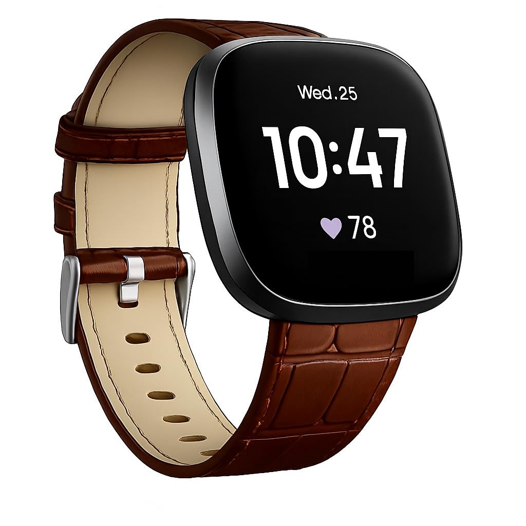 Panda Bobo Leather Strap Compatible with Fitbit Versa 4/Versa 3/Sense/Sense 2 – Genuine Leather Replacement Band with Metal Buckle for Women & Men (Brown) — image 1