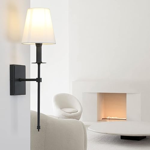 Miniatura 4 de Permo - Juego de 2 lámparas de pared industriales rústicas clásicas con pantalla de tela blanca acampanada y soporte de columna de latón antiguo