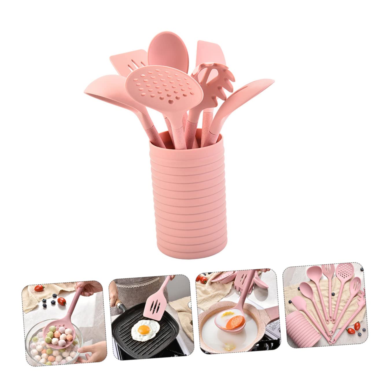 Alipis Ustensiles De Cuisine Silicone Avec Manche Bois Spatule Pelle Passoire Et Cuillère