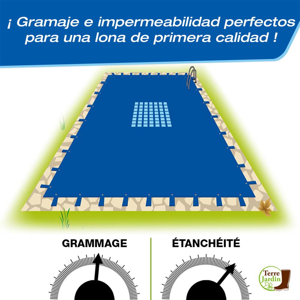 TERRE JARDIN - Cubierta de Invierno para Piscinas 8,5 x 4,5 m - Cubierta Rectangular para Piscinas 8 x 4 m - Cubierta Resistente 140 g/m², Polietileno - Ojales de Aluminio más Patas de fijación