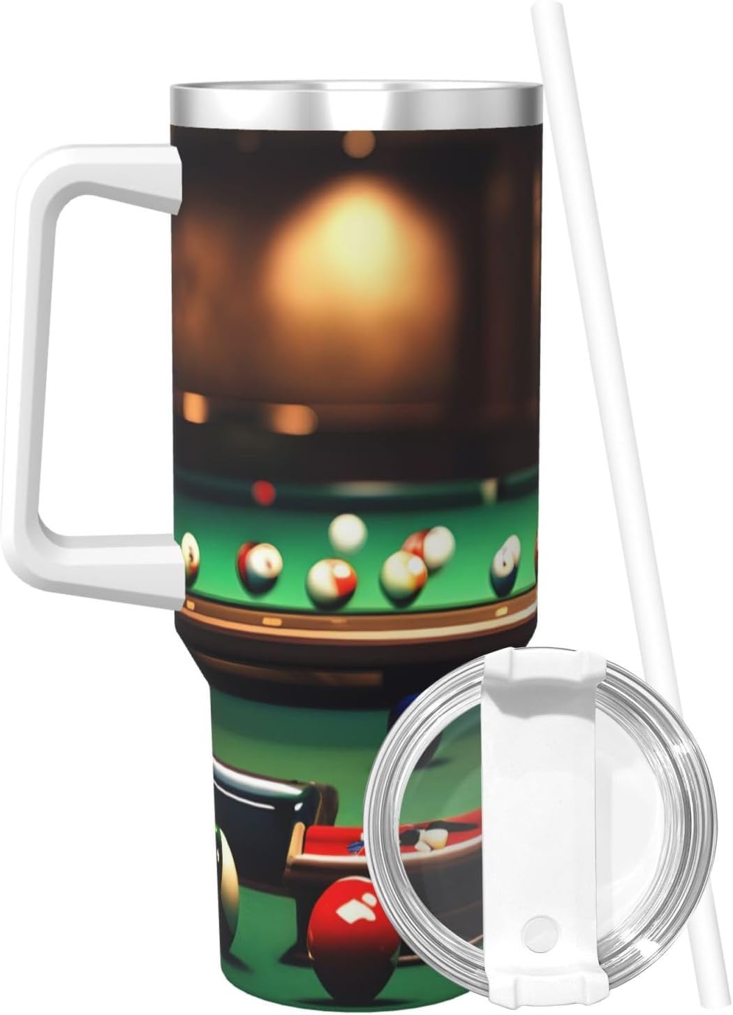 40 OZ Billiard Print Ice Bully Cup with Handle Straw Lid Straw,Stainless Steel Tumbler Coffee Cup