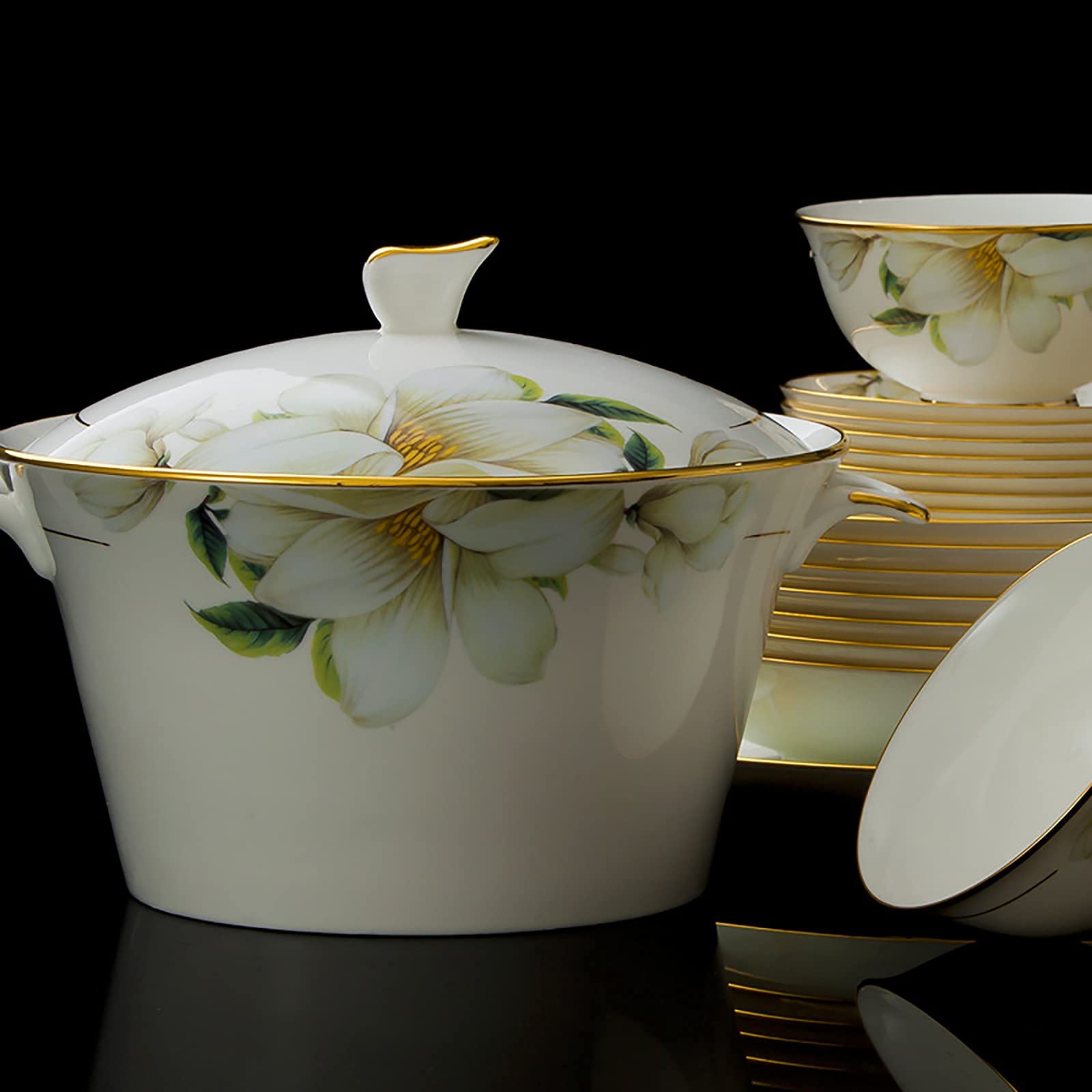 60-częściowy zestaw naczyń z porcelany kostnej, z miseczkami na musli, talerzami deserowymi, talerzami do zupy, talerzami rybnymi i garnkiem do zupy, dla 10 osób, nadaje się do mycia w zmywarce i