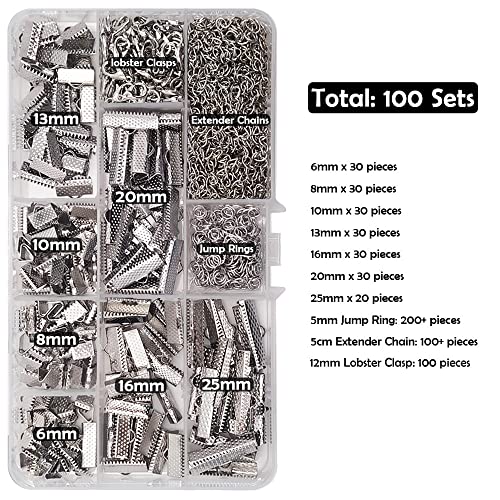 Inspirelle MZK 100 Sets Assorted Size Rhodium Ends For Ribbon Bracelet Bookmark Making Crimps Kit With Lobster Clasps And Chain Extenders thumb #1