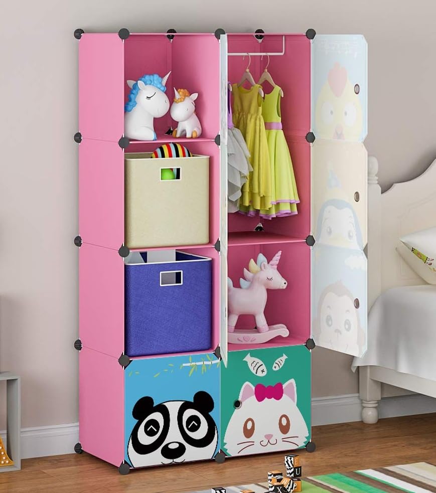 Image of Sunderlook Plastic Wardrobe for Kids Clothes - Collapsible Wardrobe, Easy to Use Anti-Skid & Non-Slip Effective Professional Foldable Plastic Cupboard for Kids, Home (Pink-HY, 8 Door)