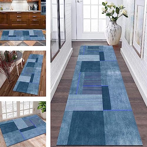 キッチンラグ カーペット 廊下 滑り止め マット 50 x 100 cm ブルー 抽象柄 ランナー 洗える メートル単位で販売 キッチンマット リビング ベッド ダイニング