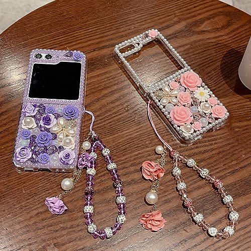 Changjia Z FLIP 5 Glitter Bling Case,Cute Luxury 3D Crystal Rhinestone Diamond Flowers Sparkle Stunning Stones Pearl With Wrist Strap Women Girls Case For Galaxy Z Flip 5 5G  thumb #6