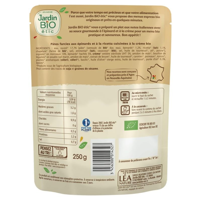 Découvrez les Délicieux Raviolis Bio Épinards Ricotta de Jardin Bio Étic - Sachet Individuel de 250g | Diététique et Nutrition Bio - Le Lot De 3