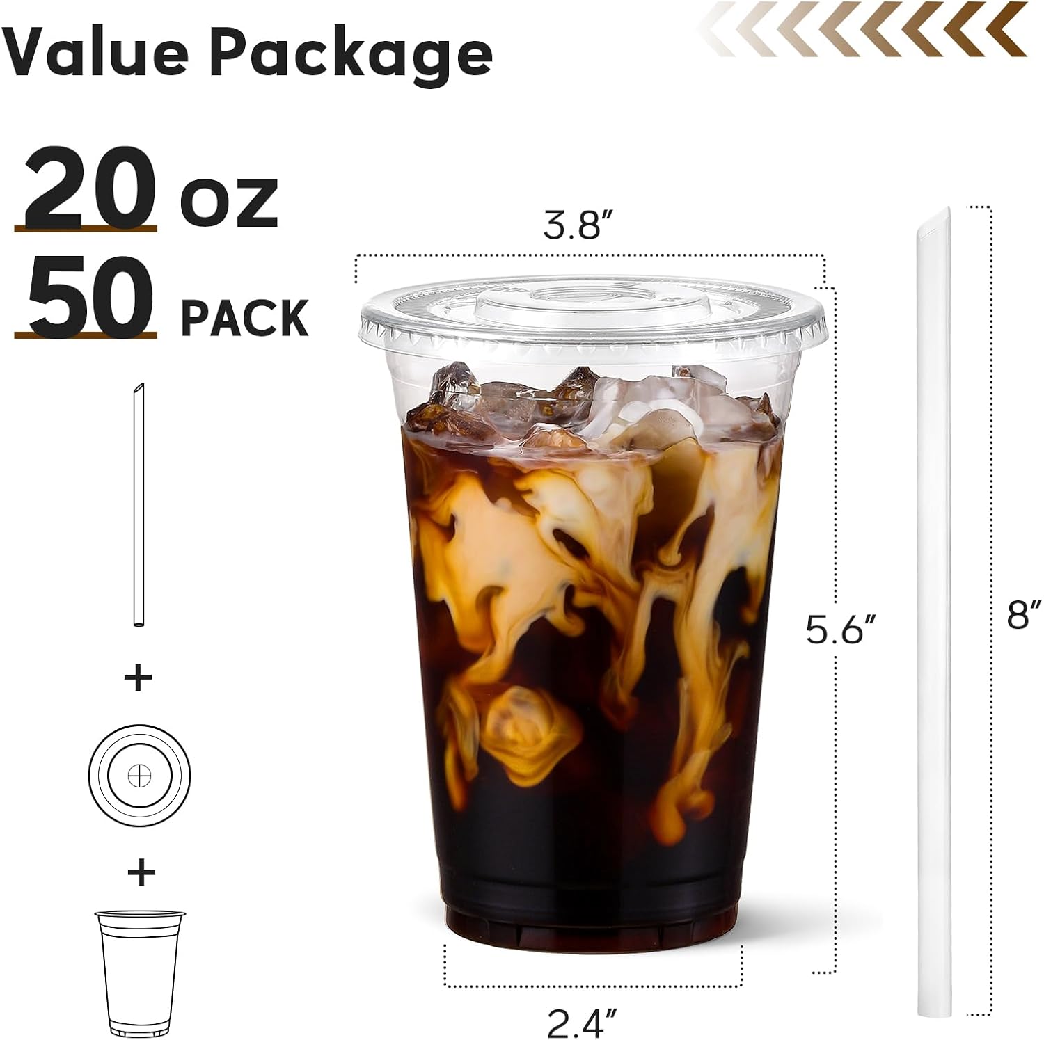 AOZITA 20 oz Plastic Cups with Lids and Straws, 50 Pack, Disposable Iced Coffee Cups with Lids for Cold Drinks, Iced Tea, Milkshakes, Smoothies - Durable & BPA Free - Image 2