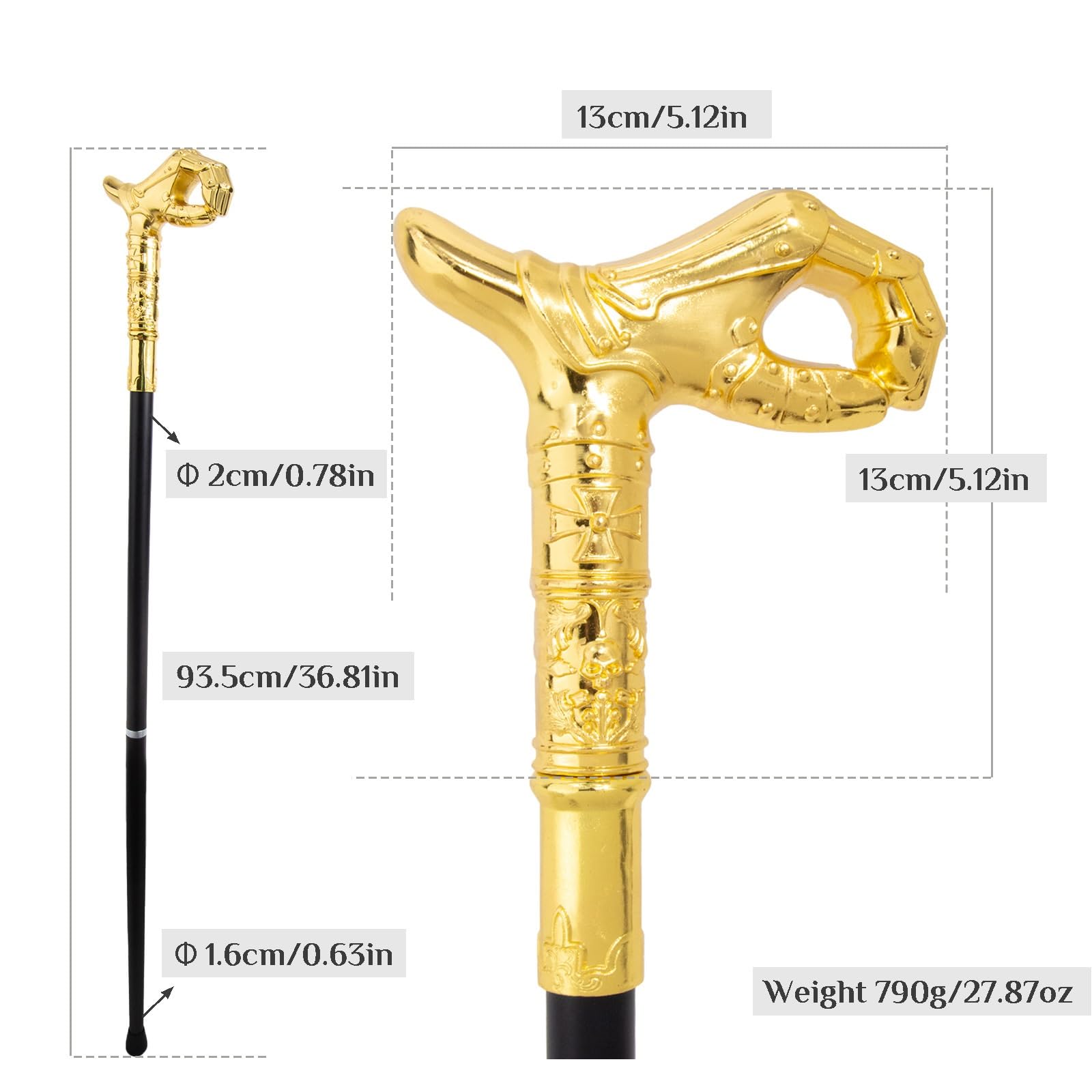 Złota Luksusowa Laska Do Chodzenia OK Gesture Handle Fashion | Ozdobny uchwyt, wygodny chwyt, ergonomiczny uchwyt, trwały, lekki, antypoślizgowa gumowa końcówka, stabilne wsparcie