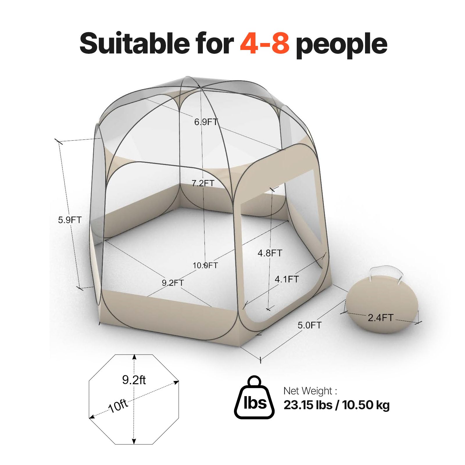 VEVOR Tenda a Cupola Pop-Up, 305 x 275 x 220 cm, Impermeabile e Resistente ai Raggi UV, Tenda da Campeggio Trasparente, con Finestre, Vista Panoramica a 540°, per 4-8 Persone, Patio, Cortile