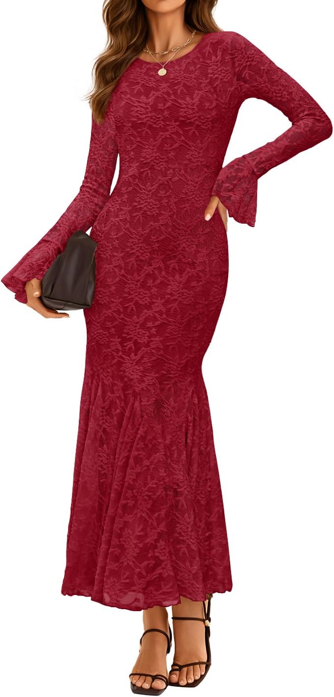 ZESICA Women's Long Sleeve Bodycon Maxi Dress 2026 Fall Fashion Floral Sexy Mermaid Wedding Guest Cocktail Party Dresses