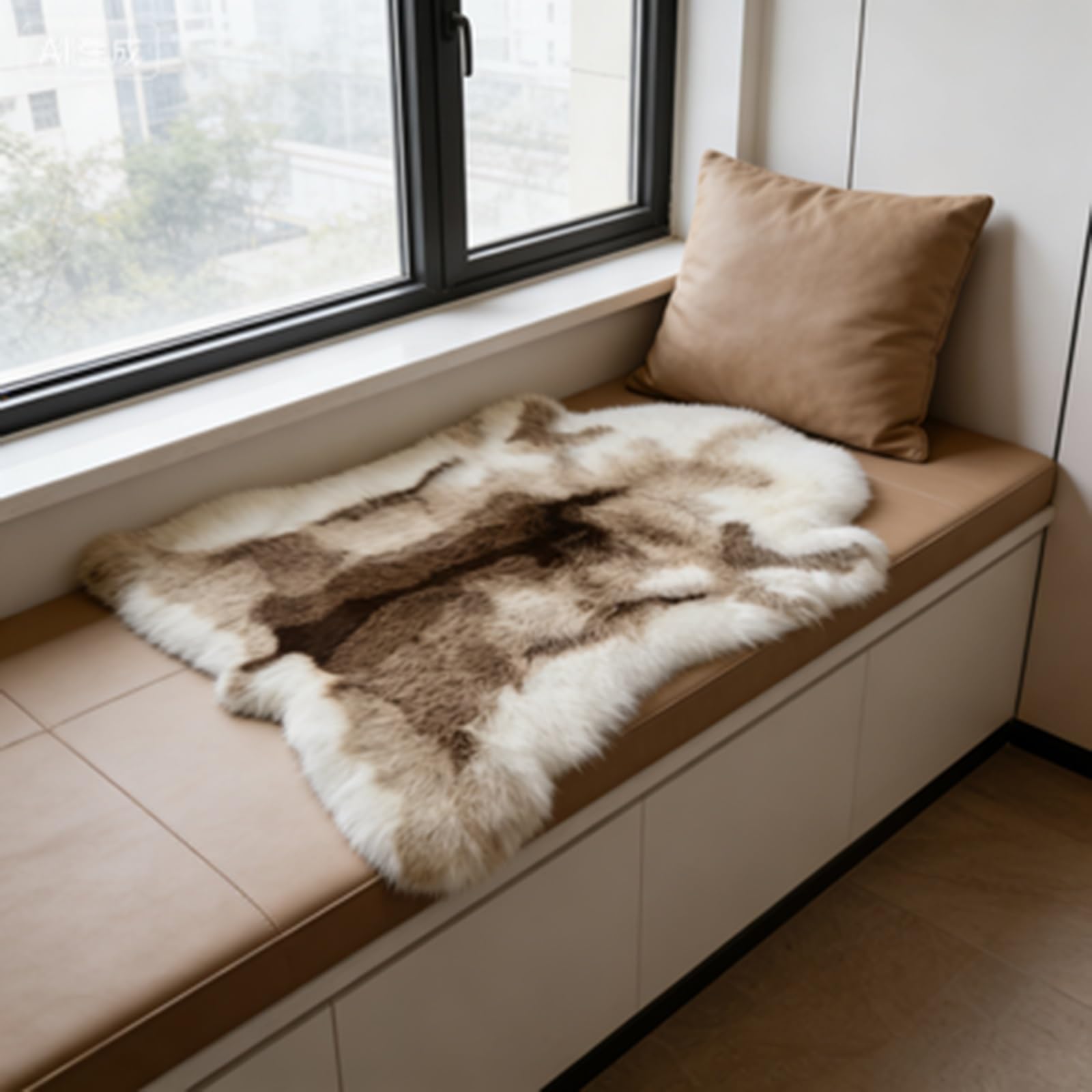 Kunstfell Rentier Teppich Schlafzimmer - weiches Rentier Fellimitat als Wohnzimmerteppich - Fellteppich Bettvorleger Schlafzimmer weiß-braun 120 x 95 cm