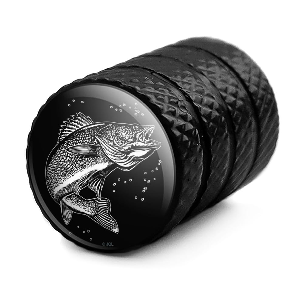 Walleye Fishing 8 Motorcycle Bicycle Bike Tire Rim Wheel Aluminum Valve Stem Caps - Black