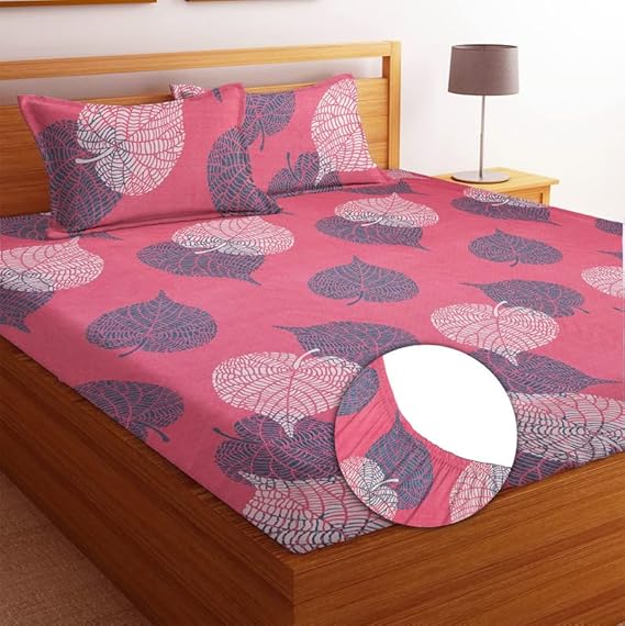 BSB HOME Premium Cotton All Round Elastic Fitted Bedsheets with 2 Pillow Covers | Double Bed with Longlasting 180 TC Supersoft Wrinklefree | for 78x72+10 Mattress (Floral, Pink & Grey)