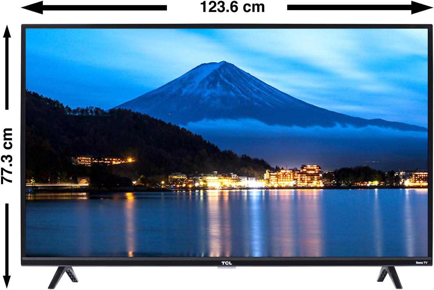 TCL 55-inch TV with dimensions indicated: 123.6 cm width and 77.3 cm height with stand