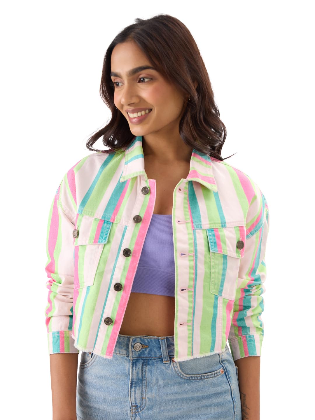 Originals: Blossom Stripes Women and Girls Long Sleeve Zipper Front Oversized Fit Cropped Jackets-image-40