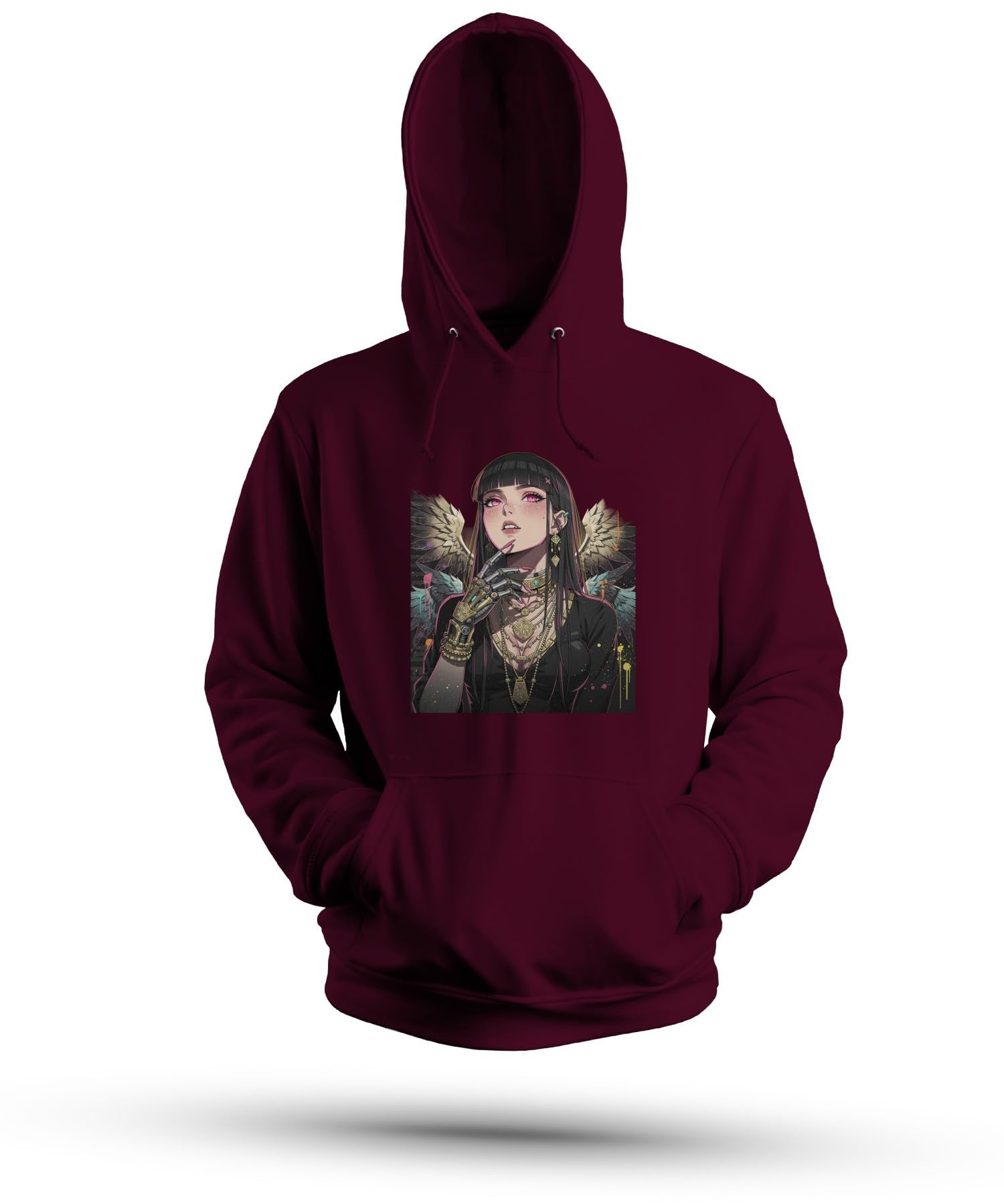 Cyberpunk anioł dziewczęcy robot, bluza z kapturem | Science Fiction Bionika Futurystyczna Waifu Otaku Streetwear Ponury Gothic Cyber-Goth Akcesoria Estetycznie Skrzydła