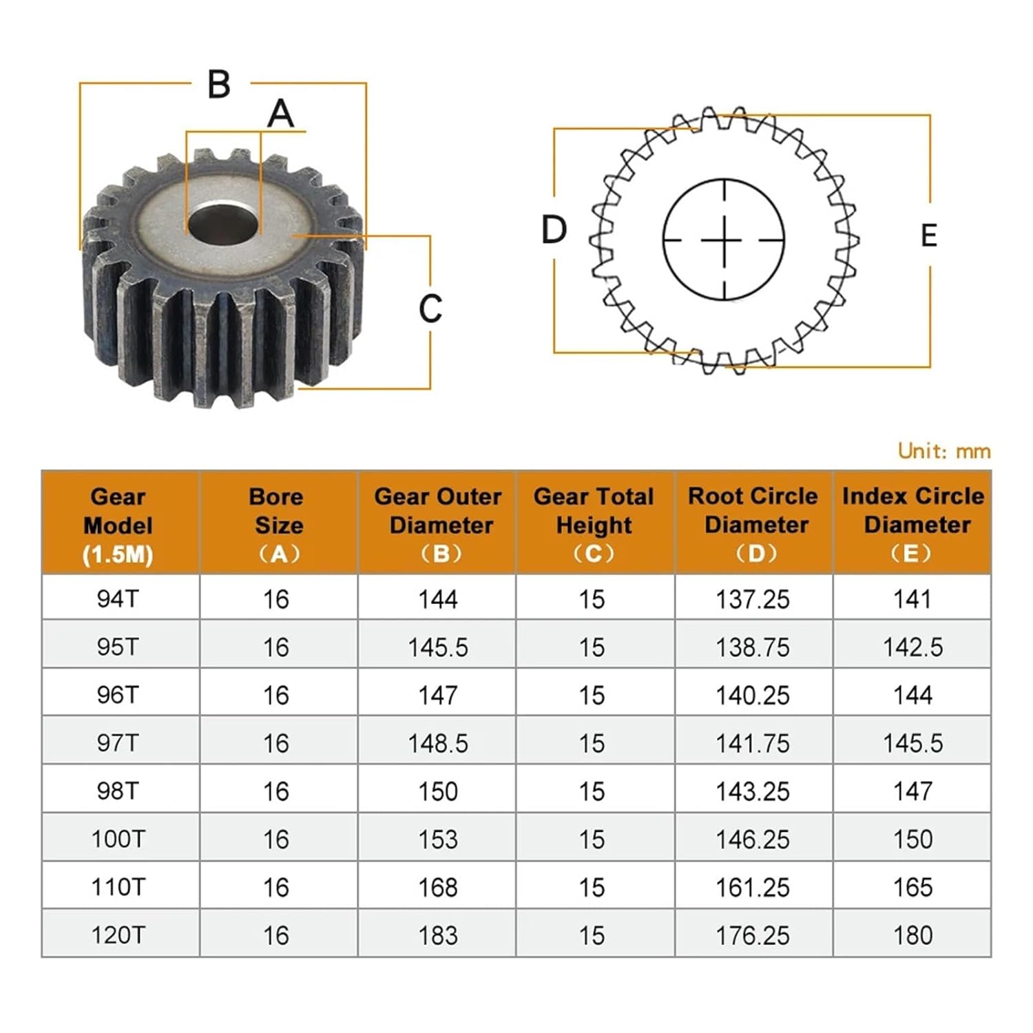 1pc Spur Gear 1.5M-94/95/96/97/98/100/110/120 Teeth SC45# Carbon Steel Material Cylindrical Gear High Frequency Quenching Teeth(1.5M96T - Bore 16 mm)