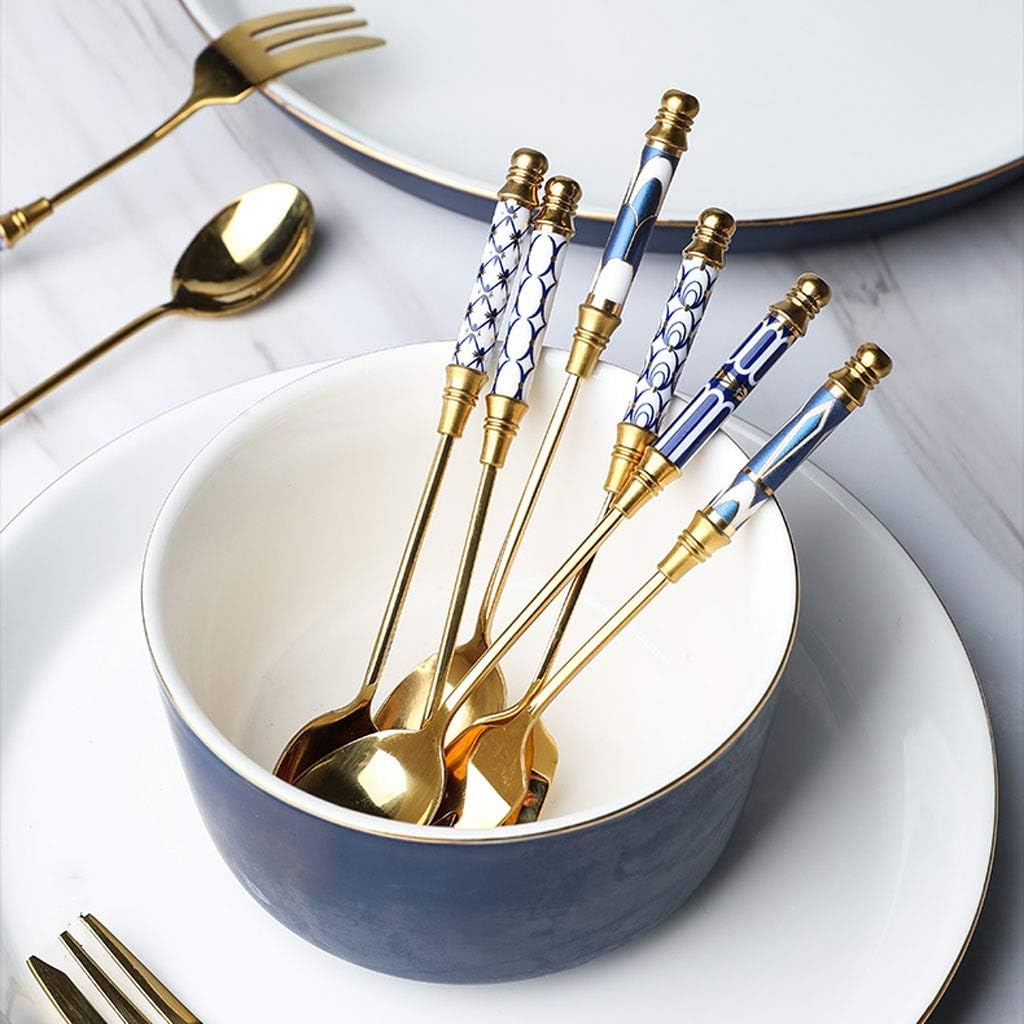 Durable Spoon Tableware Set European Style Golden Stainless Steel 2-Piece Spoon and Fork Ceramic Handle Afternoon Tea Spoon Dessert Fork Tablespoon (Color : C)